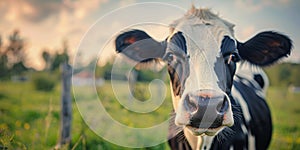 close up frontal portrait of a cow staring at camera, calf snout closeup in green farm field surroundings, copy space