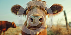 close up frontal portrait of a cow staring at camera, calf snout closeup in green farm field surroundings, copy space