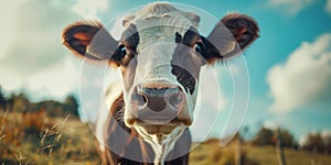 close up frontal portrait of a cow staring at camera, calf snout closeup in green farm field surroundings, copy space