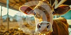 close up frontal portrait of a cow staring at camera, calf snout closeup in green farm field surroundings, copy space