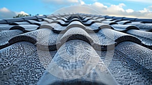 Close-up of frost-covered roof tiles, under a soft morning sky.