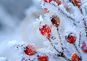 Close up of a frost-covered rosehip