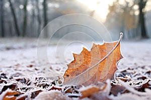 a close up of a frosted leaf in a winter forest