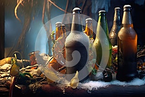 close-up of frosty beer bottles submerged in ice