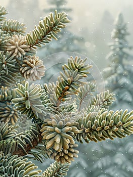 Close up of Frosty Spruce Branches with Pine Cones During Snowy Winter Day, Nature Background for Seasonal Cards and Wallpapers