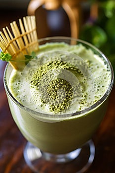 close up of frothy green tea protein powder shake - generative Ai illustration