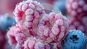 Close up of frozen mixed berries raspberry and blueberry