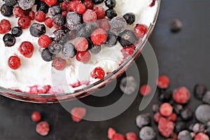 Close up frozen mixed fruits - berries on cake