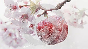 Close up of frozen red apple with snow. Generative AI