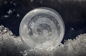 Close-up of Frozen Soap Bubble with Ice Crystals in Snow