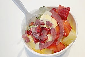 Close up frozen yogurt with mixed fruit in small bowl