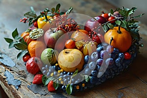 Close-Up of Fruit Arrangement on Table. A detailed view of a beautifully arranged assortment of fruits on a table.