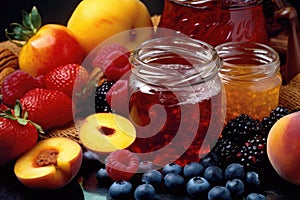 close-up of fruit preserve ingredients: fruits, sugar, pectin