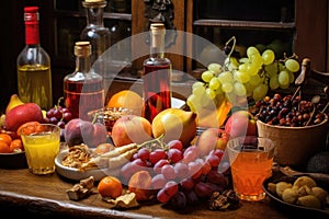 close-up of fruit and schnapps ingredients on table