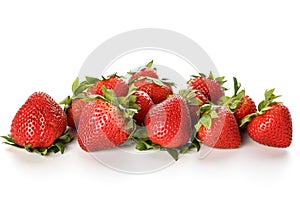 Close up fruits group of fresh big strawberry with green leaves, isolated on white background