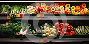 Close up of Fruits and Vegetables on shelf in supermarket