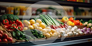 Close up of Fruits and Vegetables on shelf in supermarket