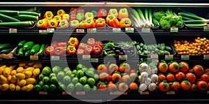 Close up of Fruits and Vegetables on shelf in supermarket