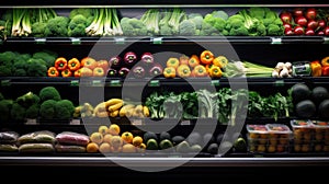 Close up of Fruits and Vegetables on shelf in supermarket