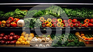 Close up of Fruits and Vegetables on shelf in supermarket