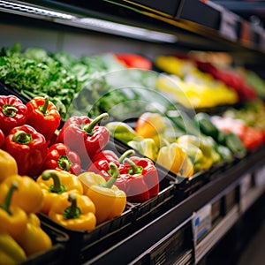 Close up of Fruits and Vegetables on shelf in supermarket