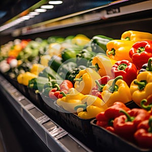 Close up of Fruits and Vegetables on shelf in supermarket