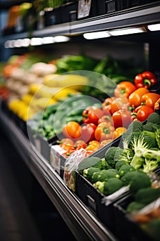 Close up of Fruits and Vegetables on shelf in supermarket