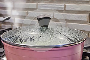 Close-up of Frying Pan Lid with Rising Steam and Water Droplets