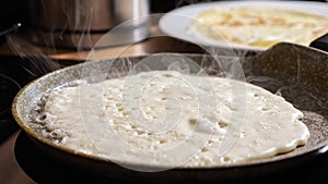 Close-up of frying pancake in a pan