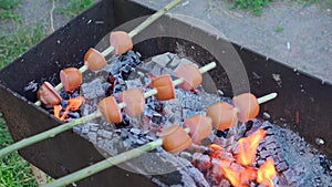 Close up of frying sausages pieces on sticks above a fire and smouldering coals in evening time. Campfire in the brazier