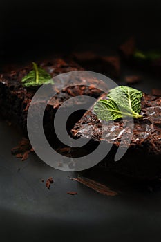 Close up Fudge Brownie on Dark tone Background