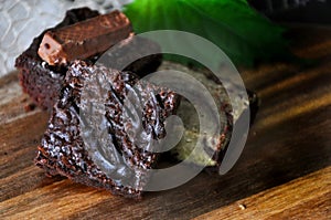 Close up Fudge Brownie on Wooden Board