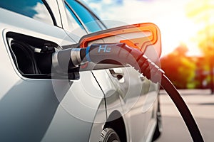 Close up of fuel cell car with connected hydrogen fueling nozzle