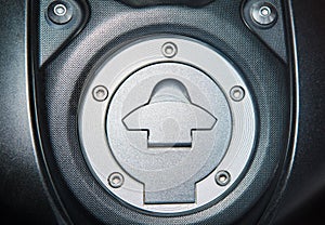 Close up of fuel tank cover, fuel cap of motorcycle