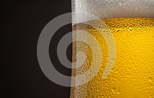 Close up of a full beer glass cold beer condensation