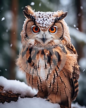 Close-up full body portrait of bird of prey, brown eagle owl, sitting on tree branch in snowy forest and looking at the