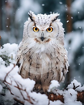 Close-up full body portrait of bird of prey, white snowy owl, sitting on tree branch in forest cowered snow and looking