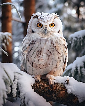 Close-up full body portrait of bird of prey, white snowy owl, sitting on tree branch in forest cowered snow and looking