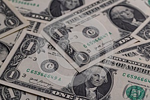 Close Up Full Frame Scattered US One Dollar Banknotes Background