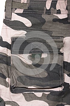 Close up full woodland camouflage pocket pants