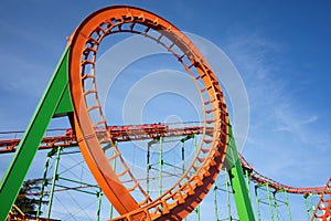 Close-up of a fun roller coaster ride. Extreme outdoor recreation