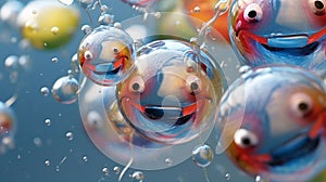 A close-up of funny water balls in various sizes and shapes, suspended in mid-air with water droplets frozen in time