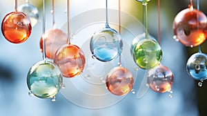 A close-up of funny water balls in various sizes and shapes, suspended in mid-air with water droplets frozen in time