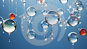 A close-up of funny water balls in various sizes and shapes, suspended in mid-air with water droplets frozen in time