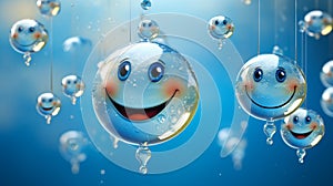 A close-up of funny water balls in various sizes and shapes, suspended in mid-air with water droplets frozen in time