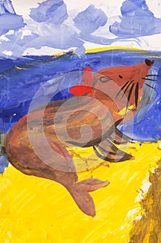 Close up. Fur seal with a red bow is resting on a summer beach. Children`s drawing paints. Creative activities with children 4-5