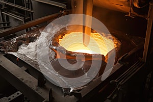 close-up of a furnace, with molten metal being poured into molds