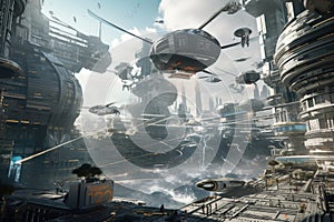 close-up of futuristic city, with hovercars and flying machines buzzing overhead photo