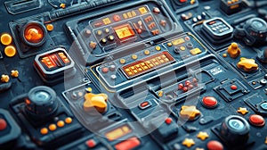 Close-up of a futuristic control panel with various buttons, knobs, and displays
