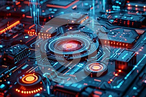 A close-up of a futuristic cybersecurity network with digital locks, shields, and network nodes protected by AI